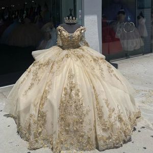 Champagne doux 16 Quinceanera robe épaules dénudées Appliques robe De bal papillon princesse fête robe d'anniversaire robes De