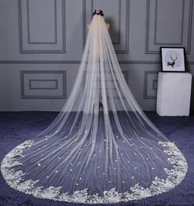 Tulle Champagne environ 4 mètres de long voiles de mariée avec Appliques en dentelle charmant accessoires de voile de mariage ivoire velo de novia largo2873883