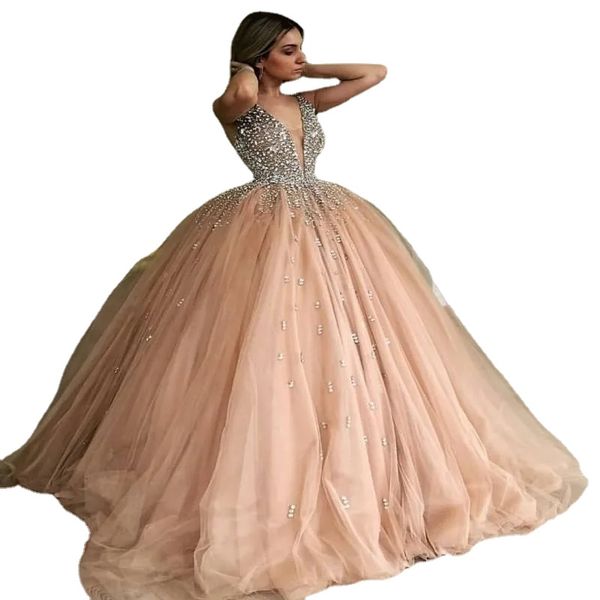 Champagne Tulle robe de bal robe de Quinceanera élégant lourd cristal perlé col en V profond doux 16 robes de soirée robes de bal