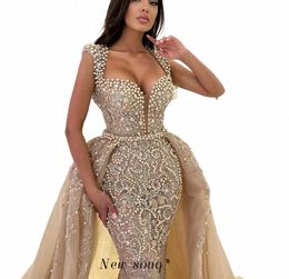 Champán Dos piezas de sirena Vestidos de noche cubiertos con perlas Cristales Faldas formales árabes Vestidos de fiesta de cena Weddig L9ss #