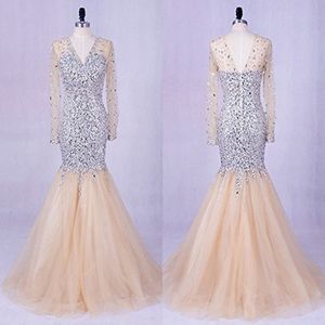 Champagne v Neck Backless Pageant Evening Jurken Mermaid Lange mouw Illusie Crystal Rhinestones Lichaam Lange goedkope prom Formal Dress 268H