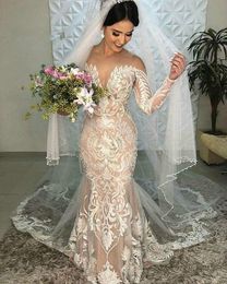 Champagne robes de mariée Boho élégante dentelle sirène robe de mariée Illusion cou manches longues pays jardin robes de mariée
