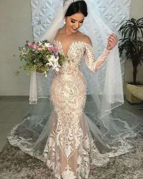 Vestidos de novia de champán Boho elegante encaje sirena vestido de novia ilusión cuello manga larga país jardín vestidos de novia 2022