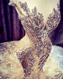 Robes de mariée champagne dentelle perles de cristal paillettes balayage train bijou cou robe de mariée sirène image réelle mancherons de luxe Br2324