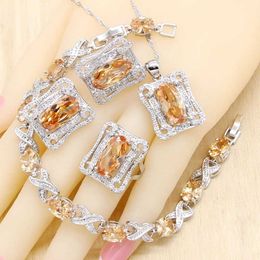 Champagne zirkonia zilveren kleur bruids sieraden sets voor vrouwen armband hoepel oorbellen ketting hanger ring geschenkdoos H1022