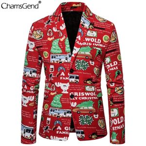 Chamsgend Christmas Print Suit Veste Men Casual Coats Mens Slim Fit Long Sleeve Blazer Men de la fête de Noël informelle 195n