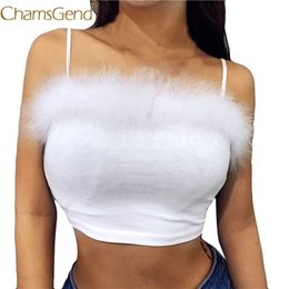 Chamsgend Chemise Nouvellement Design Femmes Mode Fluffy Fourrure Sangle Crop Top Dames Sexy Blanc Club Camis 80313 T200706