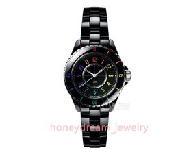 Chan J12 Rainbow Quartz Watch en céramique Watch avec Diamond J12 Cuir préocré Black Woven Couple Watch Luxury Sports Quartz Batterie de bracelet Black Blanc