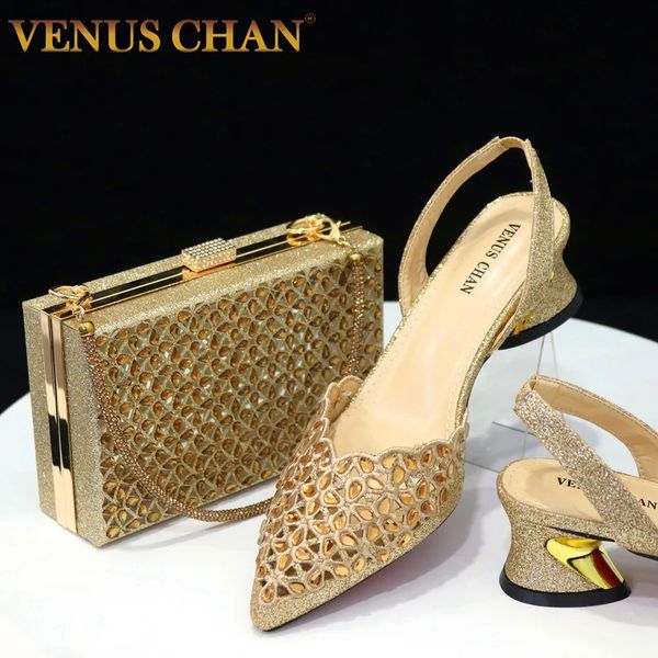 Chan chaussures à talons bas pour femmes évidé broderie strass Design italien couleur or bout pointu chaussures et sacs ensemble 240124