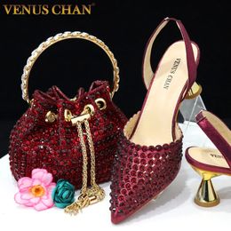 Chan bout pointu talons pour femmes élégant fête couleur vin plein diamant pompes chaussures italiennes et sacs ensemble assorti 240110