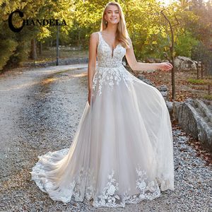 CHANDELA Chic débardeur col en v profond a-ligne robes De mariée Appliques dos nu sans manches pli sur mesure robe De Noiva 240313