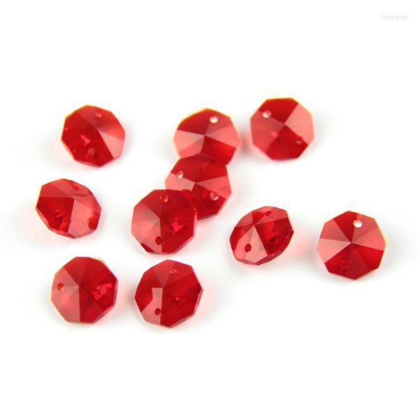 Lámpara de araña de cristal de 14mm, cuentas octagonales de cristal rojo, pieza de lámpara suelta en 2 agujeros, cortina para fiesta, decoración de boda, corte facetado