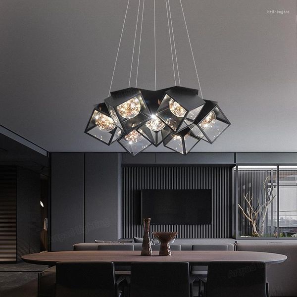 Candelabro de cristal nórdico negro, iluminación de techo, decoración de mesa de comedor, luces colgantes, lámpara de sala de estar minimalista moderna para el hogar estrellado