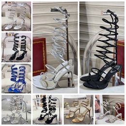 Lustre Cristaux Miel Sandale serpent twining élégant Sandale stiletto Talon haut RENE CAOVILLA cristal Chaussures habillées en strass doré Semelles argentées femmes escarpins d'été