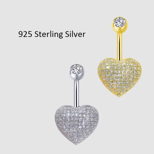 Lustre nombril Piercing nombril anneaux avec zircone corps bijoux décoration argent 925 mode pour les femmes doré amour en forme de coeur