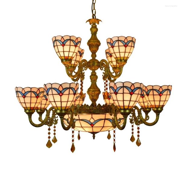 Lustres 12 têtes lustre vitrail grande couleur chaude magnolia fleur style coloré cristal pendentif lampe pour