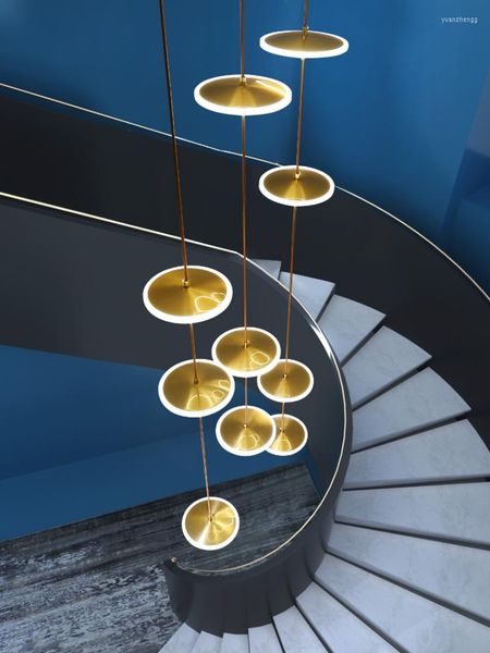 Candelabros 2023 Colgando Anillos circulares de bronce dorado Lámpara LED Lámparas de techo de escaleras de villa dúplex Sala de estar El vestíbulo Iluminación