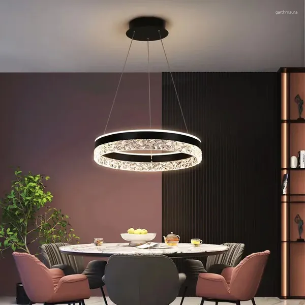 Candelabros 2024 Moderno LED Colgante Iluminación para el hogar Anillo de cristal Luz de techo Blanco / Oro / Negro Dormitorio Restaurante