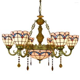 Kroonluchters 32 "gebrandschilderd glasstijl Magnolia -lamp tinten 6 arm kroonluchter met 12 inch omgekeerde plafondhanger voor