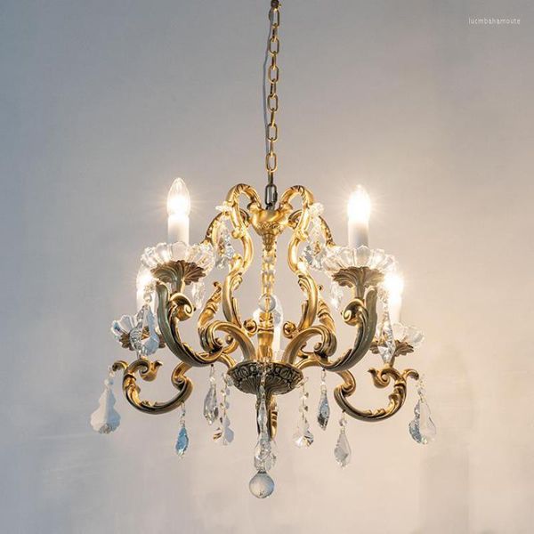 Lustres américain Antique laiton lustre lampe en cristal pour salle à manger rétro luxe chambre candélabre cuisine cuivre lampes