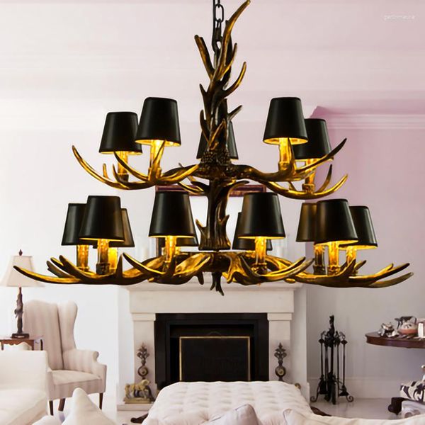 Candelabros American Country Retro Style Antler Resin Chandelier Lámpara para comedor moderno Luminaria Living LED Luces decorativas