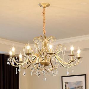 Lustres Américain De Luxe K9 Cristal Plafond Rétro Fer Salon Salle À Manger LED Lumières Pour El Villa Lobby Loft Lampes Suspendues