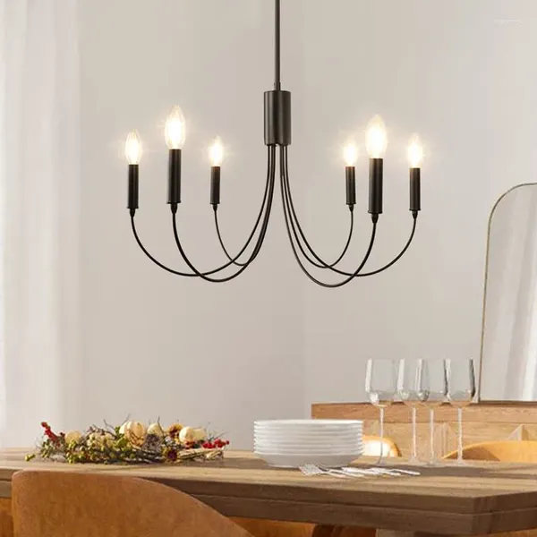 Lustres Américain Pastoral Rétro Noir Fer Bougie Table Lustre Décoration De La Maison Chambre Salon Salle À Manger Étude 6 Têtes Lampe Suspendue