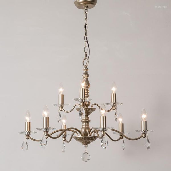 Lustres Chambre Décor Rustique Fer Lustre K9 Cristal Pendentif Luminaire Pour Salon Lampe À Manger Antique LED Bougie