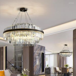Kroonluchters zwarte kroonluchter verlichting voor woonkamer decor moderne luxe kristallen led -lampen kookeiland ronde/ovaal hangende verlichtingsarmaturen