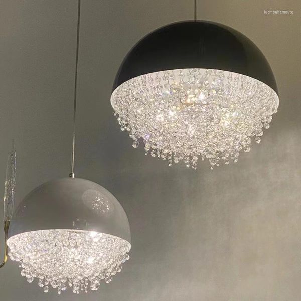 Lustres noir suspendu salon décor à la maison boule LED luminaire chambre à manger rond Design lampe en cristal lumière