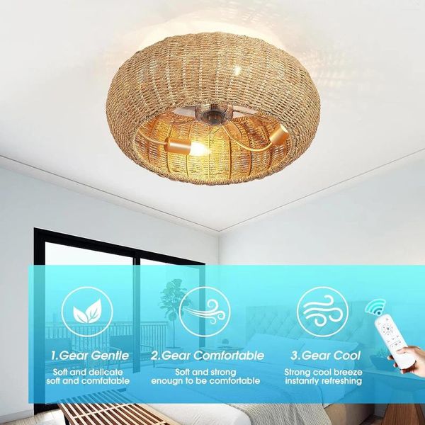 Lámparas de araña Ventilador de techo enjaulado con luces Ventiladores de ratán de perfil bajo con montaje empotrado y control remoto E