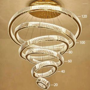 Lustres Lustre Moderne De Luxe Cercle Rond Chrome Or Cristal Grand Éclairage Pour Villa Escalier Cristal Salon Restaurant Lampe