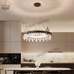 Kroonluchters Chrome LED Postmodern ronde roestvrijstalen kristal kroonluchter verlichting Luster Dining Room Suspensie met afstandsbediening