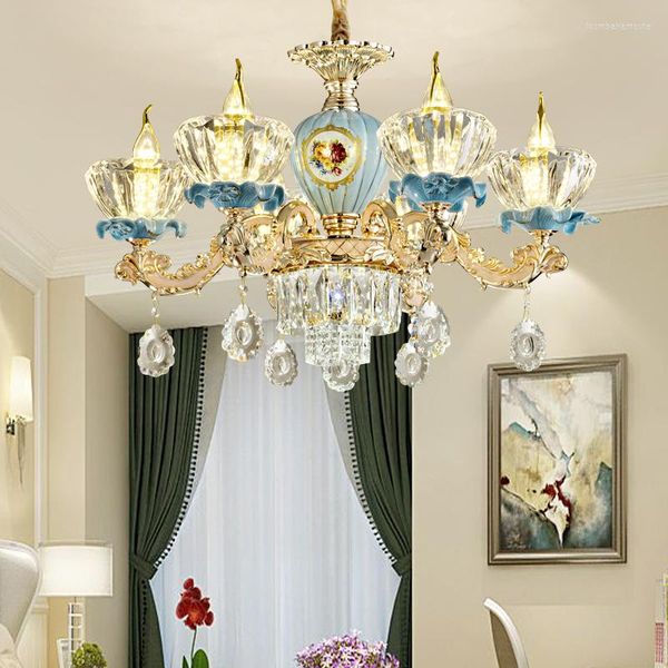 Lustres Cristal Céramique Rétro Lustre Or Lampe De Table Européenne Salon Chambre Verre Lumineux Villa Duplex Suspensions