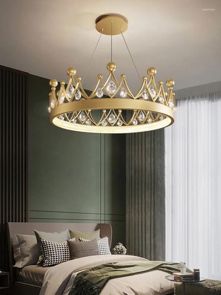 Lustres Cristal couronne lustre pour chambre d'enfants chambre salon maison moderne or suspendu pendentif LED lampe Luminaire éclairage 2023