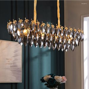 Kroonluchters kristal blad kroonluchter moderne eenvoudige rechthoekige villa rook grijs decoratieve lamp eilandverlichting