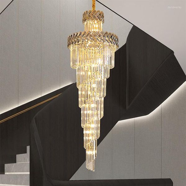 Lustres Cristal Led Lustre Hall Spirale Pendentif Lumières Longues Lampes Gris Fumé Or Escalier Illuminateur Éclairage Salon Lustres