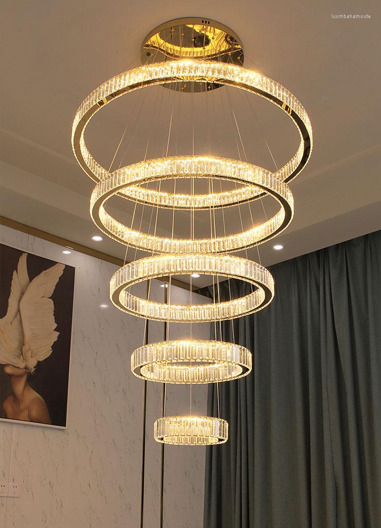 Lustres Cristal Rond Grand Lustre Lumières Décor De Luxe Haut Plafond Escaliers Salon Cuisine Chambre Décoration Anneau Lampes