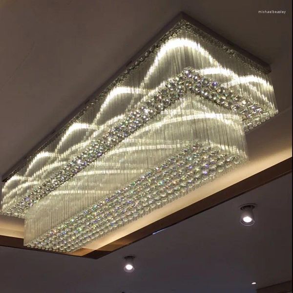 Lustres Design 2 couches lustre en Cristal luminaires de plafond modernes lampe à LED remplaçable Lustres Cristal El hall Long