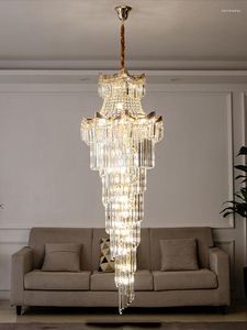 Lustres Design Villa Salon Cristal Haut Plafond Grand Or Lustre Lumière De Luxe El Lobby Lampe Escalier Long