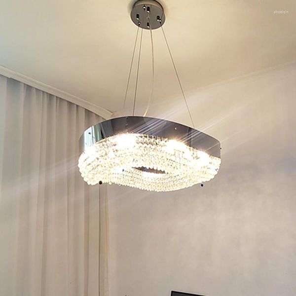 Lustres E14 Moderne Chrome K9 Lustre En Cristal Argent Suspension Lumière De Luxe Modèle Suspension Luminaire Lampen Pour La Maison Salon