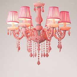 Candelabros estilo europeo caballo Karon rosa cristal niños princesa habitación Droplight jardín de infantes aula dormitorio cadena LED lámpara colgante