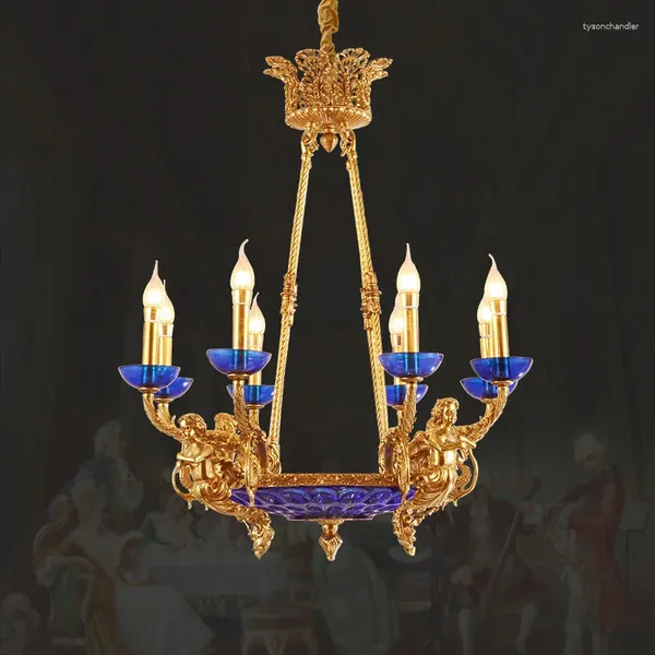 Candelabros Barroco Europeo Antiguo Latón Dorado Lámpara Colgante Led Decoración Interior Iluminación de Techo Alto Candelabro de Vela de Cobre de Lujo Francés