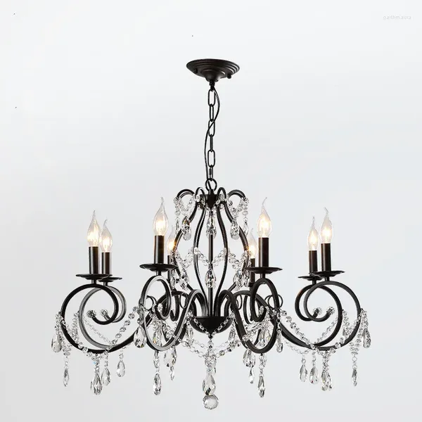 Candeliers European Classic Chandelier Lámpara de cristal de hierro forjado Comedor Cocina de la cocina Black Industrial Loft Lighting Accesorios