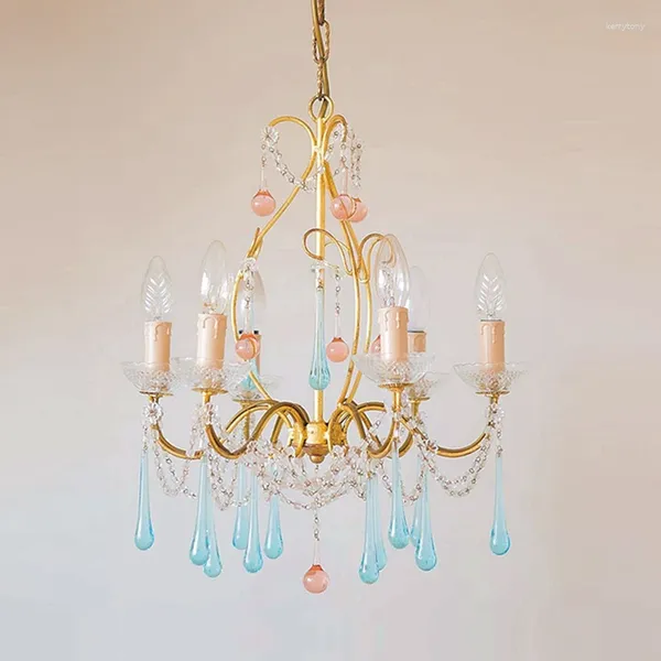 Lustres européens français rêve rose bleu cristal cuivre lustre rétro luxe salon salle à manger lumière dans la chambre