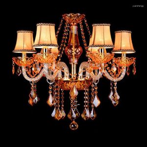 Lustres Européen Rétro De Luxe Villa El Chambre Lustre En Cristal Américain Ambre Couleur Bougie Allumé Lotus Vivant Verre Pendentif Lampe