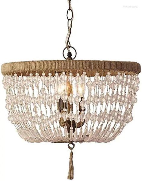 Lustres Ferme Lustre Éclairage 3 Lumières Pays Cristal Perle Corde Corde Vintage Pendentif Lampe Abat-Jour Fer Métal Rétro