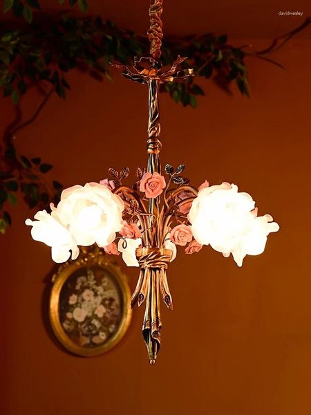 Lustres français pastoral cuivre lustre rose verre chambre chaude chambre salon salon américain européen classique