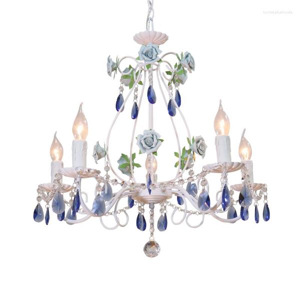 Lustres Lustre en cristal bleu Royal français, éclairage Led pour salle à manger, Restaurant, lampe suspendue en céramique Rose, Lustre de chambre d'enfant