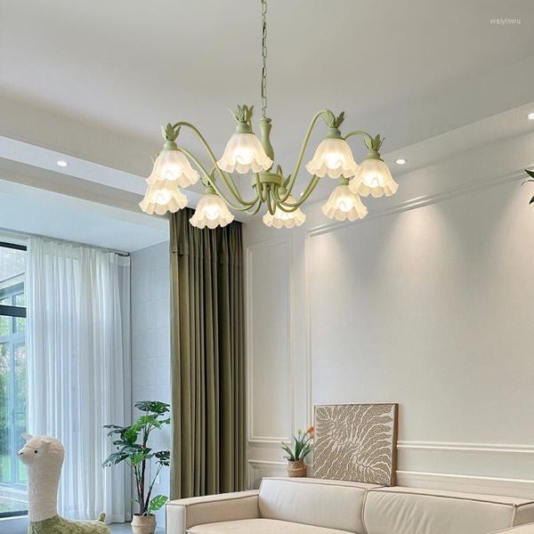 Candelabros FSS 2023 Iluminación de araña moderna para sala de estar con pantallas de vidrio Lustres Estilos pastorales verdes Luces de techo de flores